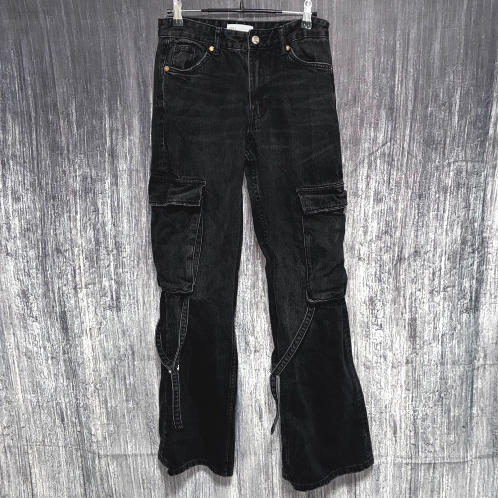Zara Pants Womens Black Cargo Jeans Wide Leg Denim Grunge Y2K Baggy Pockets Sz 2